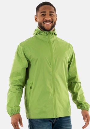 Veste à capuche vert clair en tissu lisse et résistant à l'eau. Dotée d'une fermeture éclair sur le devant et de poches latérales. Coupe décontractée, poignets élastiques.