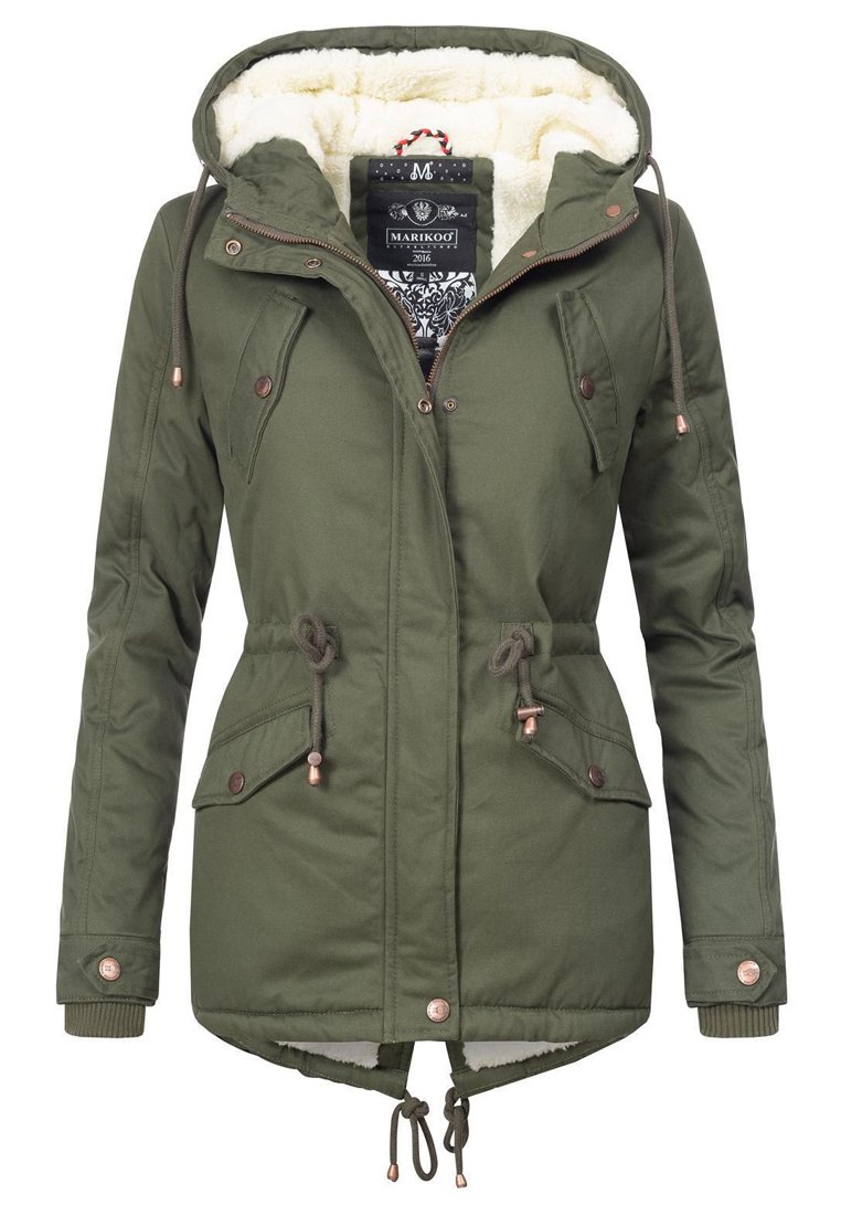 Olive green parka jacket with a fur-lined hood, drawstring waist, and buttoned pockets. Features bronze hardware and a warm, textured interior.