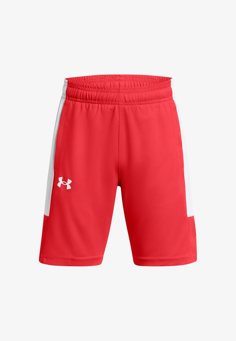 Punase sportlikud lühikesed püksid, mis on valmistatud kergest kangast, valge külgpaneeliga, elastse vöökoha ja väikese logoga vasakul jalal.