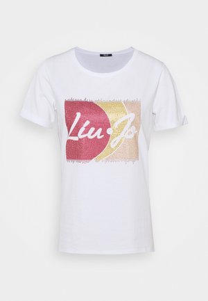 Weißes Baumwoll-T-Shirt mit einem bunten grafischen Design aus roten und gelben Kreisen und dem Schriftzug "Liu Jo" in moderner Schriftart. Kurze Ärmel.