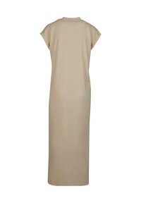 Beige, short-sleeve, ankle-length dress with a round neckline and simple, straight cut shown from the back.