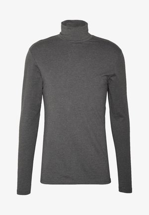 Graues Langarm-Turtleneck-Shirt aus weichem Stoff, mit taillierter Passform und minimalen Nähten am Hals und an den Bündchen.