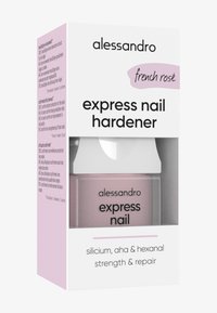 Alessandro Express nagelverharder in een glazen flesje met een bleekroze vloeistof. Doos heeft een wit en lichtroze ontwerp met vermelding van ingrediënten en voordelen.