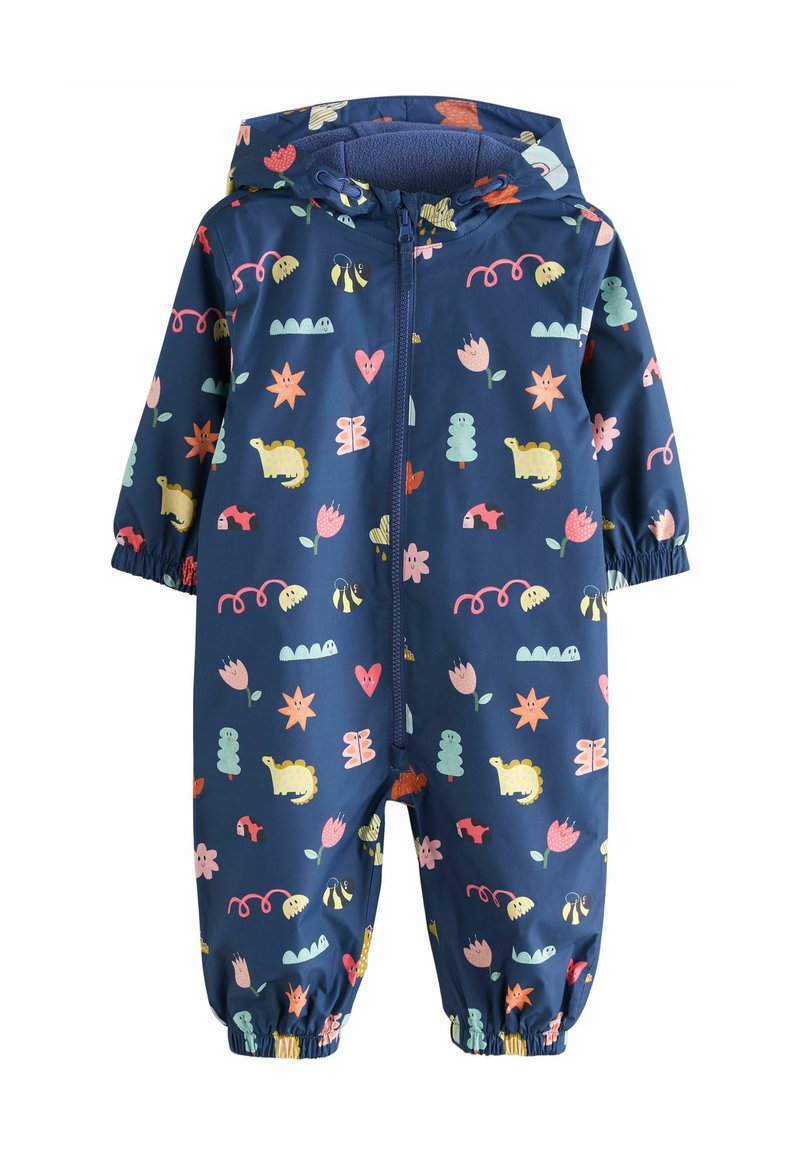 Marineblauer wasserdichter Overall mit bunten Tier- und Blumenmustern, Reißverschluss vorne, elastischen Bündchen und einer Kapuze für zusätzlichen Schutz.