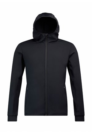 Chaqueta negra con cremallera y capucha, fabricada en un material suave y elástico. Cuenta con mangas largas y bolsillos laterales con cremallera.