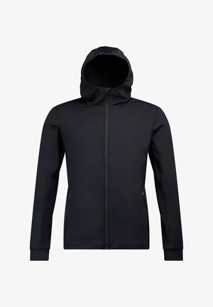 Zwarte zip-up jas met een capuchon, gemaakt van een gladde, rekbare stof. Heeft lange mouwen en ritszakken aan de zijkanten.