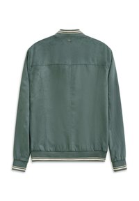 Grüne Bomberjacke mit strukturiertem Finish, gestreiftem Kragen und Bündchen sowie glattem Stoff. Besitzt ein mehrlagiges Rückendesign.