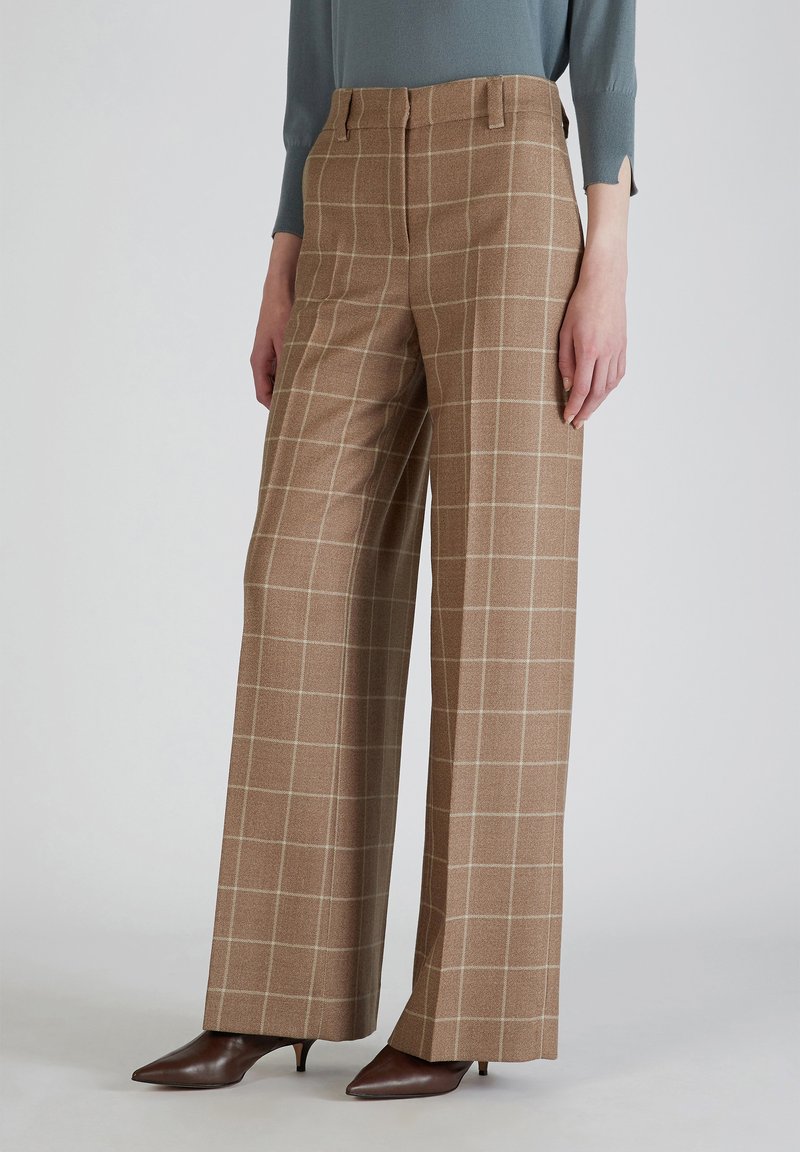 Bruine geruite wijde broek van textiel, met een hoge taille, strakke lijnen en een subtiel ruitpatroon in beige.