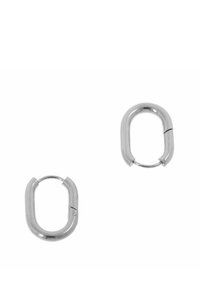 Srebrne metalowe kolczyki koła o owalnym kształcie, z gładką, polerowaną powierzchnią oraz małym zawiasem umożliwiającym łatwe zapięcie.