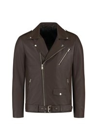 Giubbotto da biker in pelle marrone scuro con zip frontale asimmetrica, molteplici tasche con zip, colletto a pressione e cintura in vita.