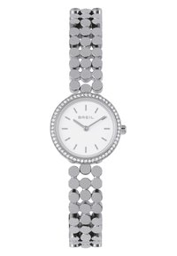 Sølvfarvet ur med en rund hvid urskive, der har en krystalbezel og en kædearmbånd bestående af runde led.