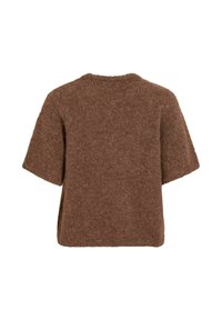 Brun genser med korte ermer laget av mykt, teksturert materiale med løs, firkantet passform og rund hals.