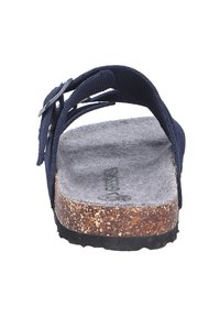 Infradito blu navy con cinturini in tessuto, soletta in sughero e rivestimento grigio testurizzato. Chiusura con fibbia e suola in sughero naturale. Design piatto.