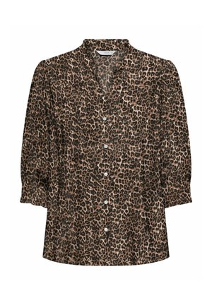 Hnědo-černá košile s leopardím potiskem, s knoflíky, tříčtvrtečními puff rukávy a uvolněným límcem.