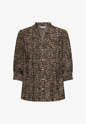 Blusa de botón con estampado de leopardo marrón y negro, con mangas acampanadas de tres cuartos y un cuello relajado.