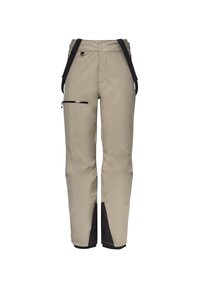 Beige waterproof pants with black accents, adjustable straps, a zippered pocket on the thigh, and a straight-leg design.