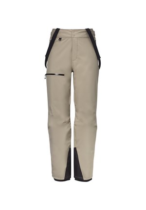 Beige wasserdichte Hose mit schwarzen Akzenten, verstellbaren Trägern, einer Reißverschlusstasche am Oberschenkel und einem geraden Bein Design.