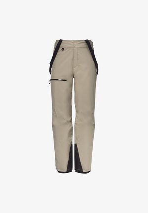 Beige wasserdichte Hose mit schwarzen Akzenten, verstellbaren Trägern, einer Reißverschlusstasche am Oberschenkel und einem geraden Bein Design.