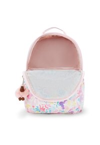 Zaino con motivo floreale in colori pastello con un interno rosa. Presenta una chiusura con zip e un charm gorilla in peluche attaccato.