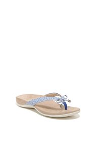 Light blue flip-flop sandal with patterned strap and decorative bow. Cushioned beige footbed and flexible white outsole. Smooth texture.