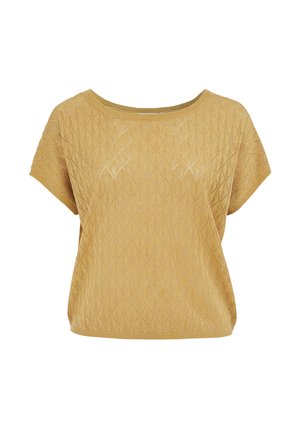 Lühikeste varrukatega sinepikollane heegelniitidega kampsun, millel on rombikujuline pitsmuster ja lai ümar kaelus, loodud lõdva lõikega.