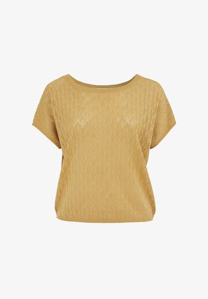 Lühikeste varrukatega sinepikollane heegelniitidega kampsun, millel on rombikujuline pitsmuster ja lai ümar kaelus, loodud lõdva lõikega.