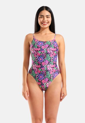Badedragt i ét stykke med et livligt blomsterprint i pink, lilla og grønne farver og tynde spaghetti-stropper. Glat, elastisk stof.