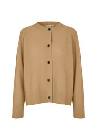 Beiger Rundhalsausschnitt-Cardigan mit strukturierter Oberfläche, ausgestattet mit fünf schwarzen Knöpfen auf der Vorderseite sowie gerippten Bündchen und Saum.