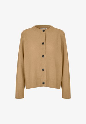 Cardigan beige con colletto rotondo e finitura testurizzata, dotato di cinque bottoni neri sul davanti e polsini e orlo a costine.