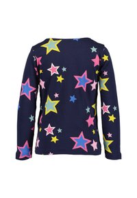 Navyblaues Langarmshirt mit einem mehrfarbigen Sternmuster in Pink, Gelb, Blau und Grün. Hergestellt aus weichem, leichtem Material.