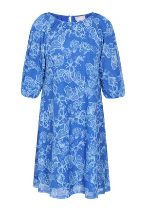 Blauwe knielange jurk met lichtblauwe bloemprint, ronde halslijn en driekwart pofmouwen.