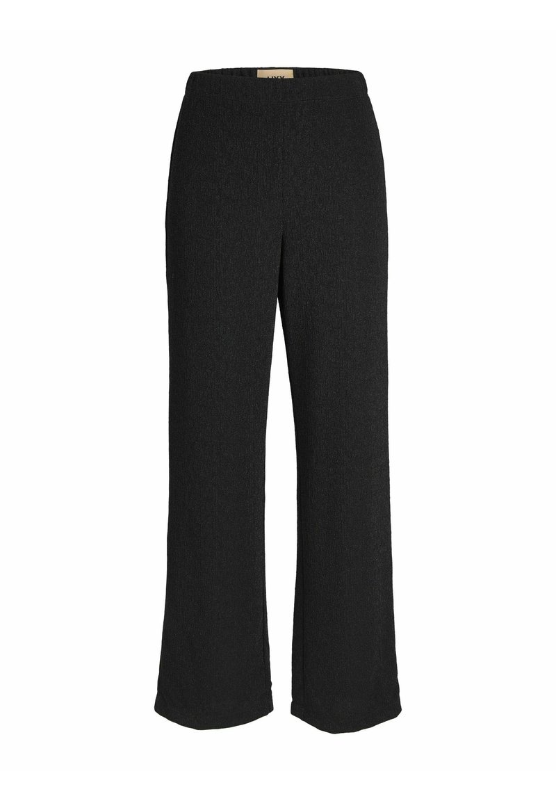 Pantaloni neri a gamba larga con tessuto strutturato e cintura elastica. Design sartoriale con una vestibilità ampia lungo le gambe.