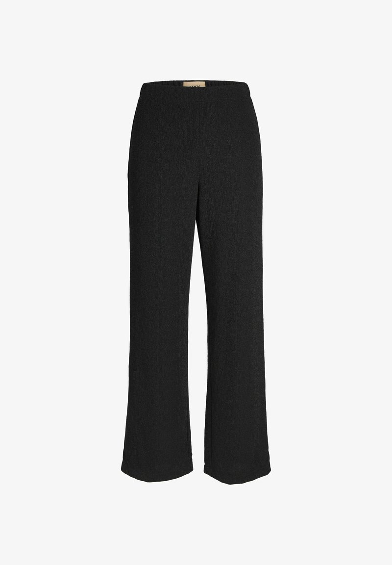 Pantalons noirs à jambes larges en tissu texturé avec une taille élastique. Design ajusté avec une coupe ample sur les jambes.
