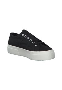 Black canvas sneakers with round white eyelets, flat laces, and a textured white rubber sole. Low-top design.