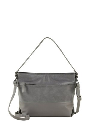 Grijze schoudertas met een gestructureerde leren bovenkant, een gladde onderzijde en een verstelbare schouderband met een klein ritsvakje aan de voorkant.