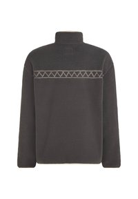 Σκούρο γκρι fleece μπουφάν εμφανιζόμενο από πίσω, με ψηλό γιακά και οριζόντιο ζιγκ-ζαγκ ραφτό μοτίβο στο πάνω μέρος της πλάτης.