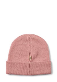 Cappello beanie rosa lavorato a maglia con risvolto, caratterizzato da una texture a coste e una piccola etichetta del brand sul lato.