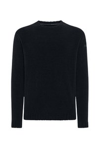 Maglione nero, scollo rotondo, maniche lunghe, tessuto lavorato a maglia, orlo e polsini a costine, design minimalista, senza motivi o decorazioni visibili.