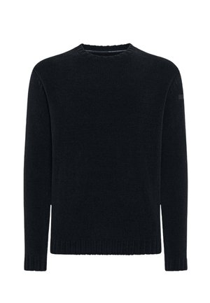Maglione nero, scollo rotondo, maniche lunghe, tessuto lavorato a maglia, orlo e polsini a costine, design minimalista, senza motivi o decorazioni visibili.