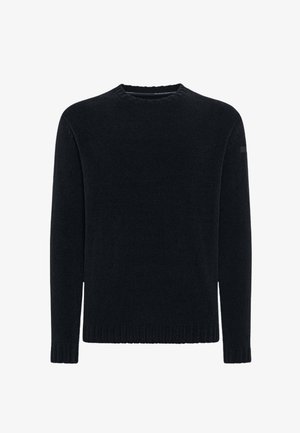 Maglione nero, scollo rotondo, maniche lunghe, tessuto lavorato a maglia, orlo e polsini a costine, design minimalista, senza motivi o decorazioni visibili.