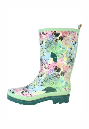 Regenlaarzen met een gladde, glanzende afwerking, voorzien van een levendig bloemenpatroon in pastelkleuren. Groene accenten aan de bovenkant en op de zool.