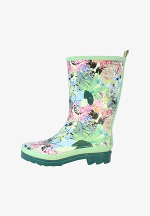 Regenlaarzen met een gladde, glanzende afwerking, voorzien van een levendig bloemenpatroon in pastelkleuren. Groene accenten aan de bovenkant en op de zool.