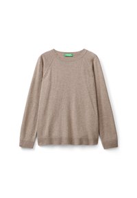 Beżowy sweter dzianinowy z długimi rękawami, okrągłym dekoltem, ściągaczami przy rękawach i dolnej krawędzi, charakteryzujący się prostą, gładką fakturą oraz krojem z rękawami raglanowymi.