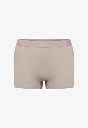 Beige ribbed boyshorts with a wide elastic waistband, featuring a seamless design and no additional patterns or hardware.