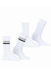 Weiße Baumwollsocken mit geripptem Muster, drei Paar: zwei einfarbig weiß und eines mit schwarzen und grauen Streifen am Bündchen.