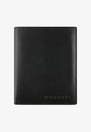 Czarny skórzany portfel składany z wytłoczonym logo "bugatti". Gładka tekstura, minimalistyczny design i przeszywane krawędzie zwiększają trwałość.
