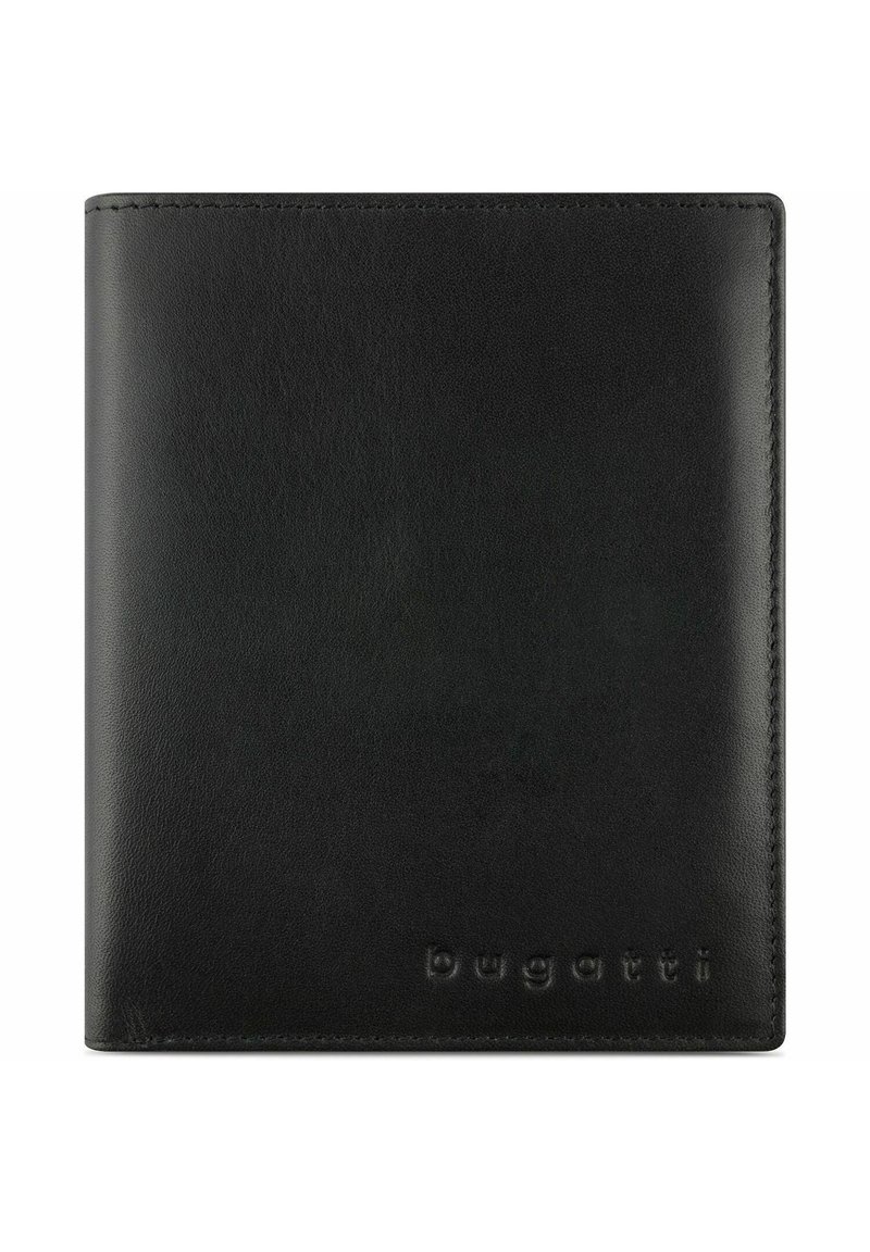 Portefeuille bifold en cuir noir avec logo "bugatti" embouti. Texture lisse, design minimaliste et bords cousus renforcent la durabilité.