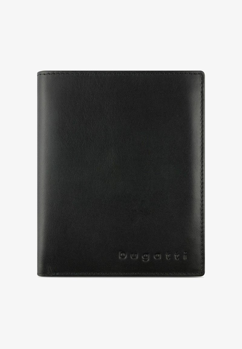 Juodas odinis bifold piniginė su išspaustu "bugatti" logotipu. Lygus paviršius, minimalistinis dizainas ir siūlėmis apdirbti kraštai didina ilgaamžiškumą.