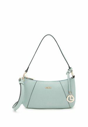 Sac bandoulière en cuir bleu clair avec fermeture éclair dorée, logo L.Credi et bracelet poignet détachable avec charme rond doré.