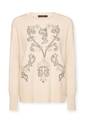 Kremowy sweter z długim rękawem i okrągłym dekoltem, ozdobiony skomplikowanym szarym i beżowym haftem kwiatowym z przodu.